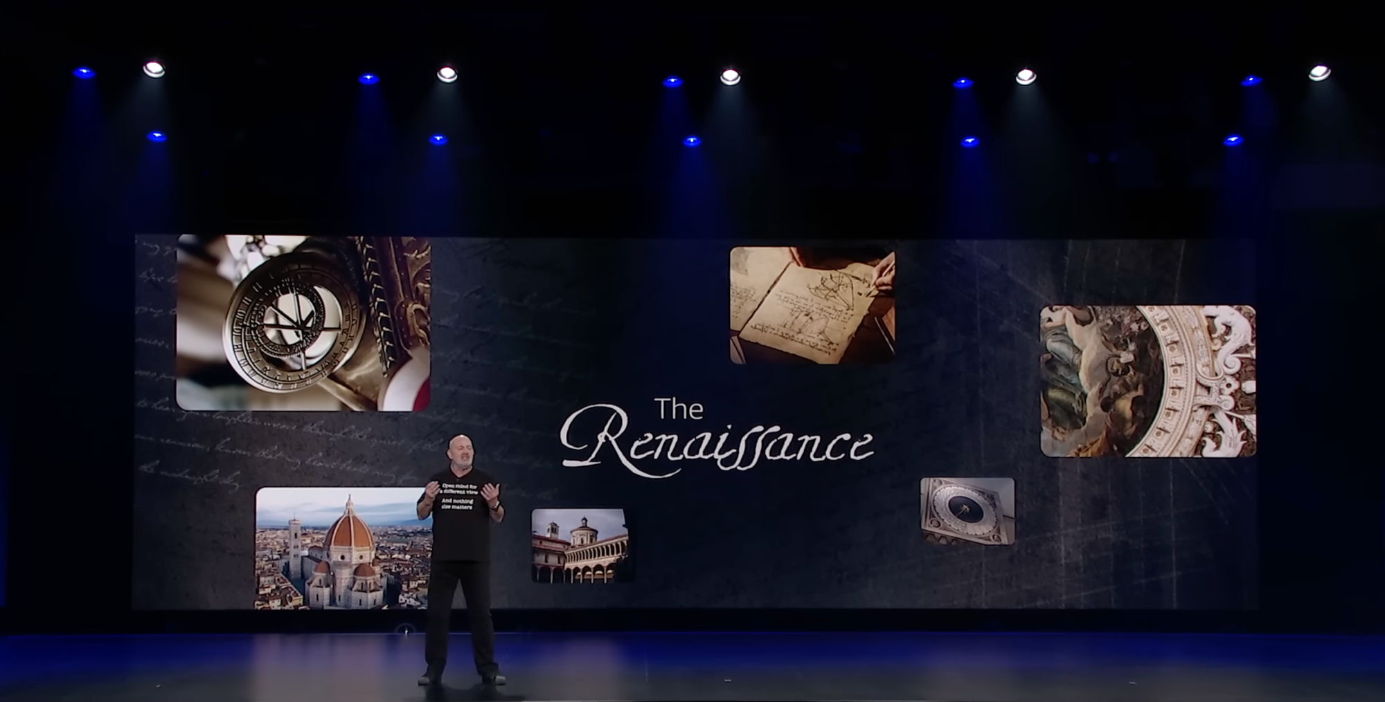 Werner Vogels 在 AWS re:Invent 2025 告别演讲，背景是文艺复兴的拼图：星盘、达·芬奇手稿、穹顶壁画、佛罗伦萨大教堂、印刷术