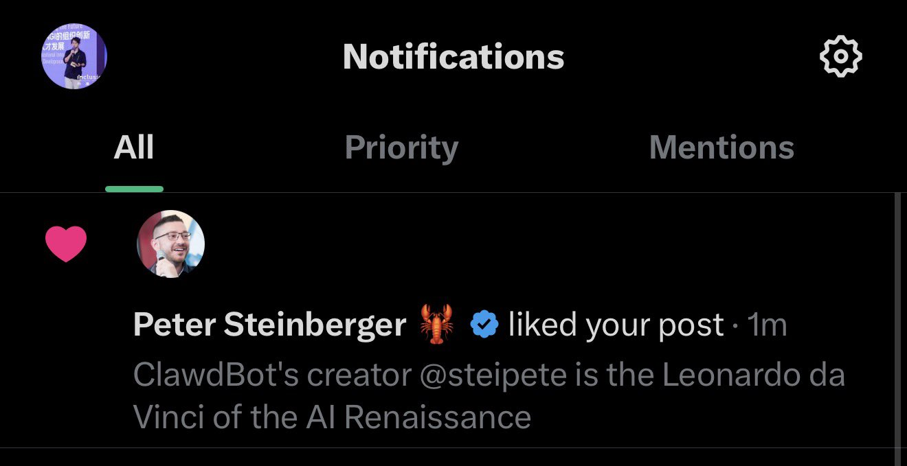 X 截图：@steipete 被称作 the Leonardo da Vinci of the AI Renaissance